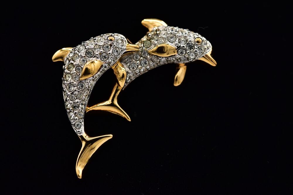 Swarovski Vintage Double Dolphin Crystal Lapel Pin Brooch Gold Rhinestone BinBG